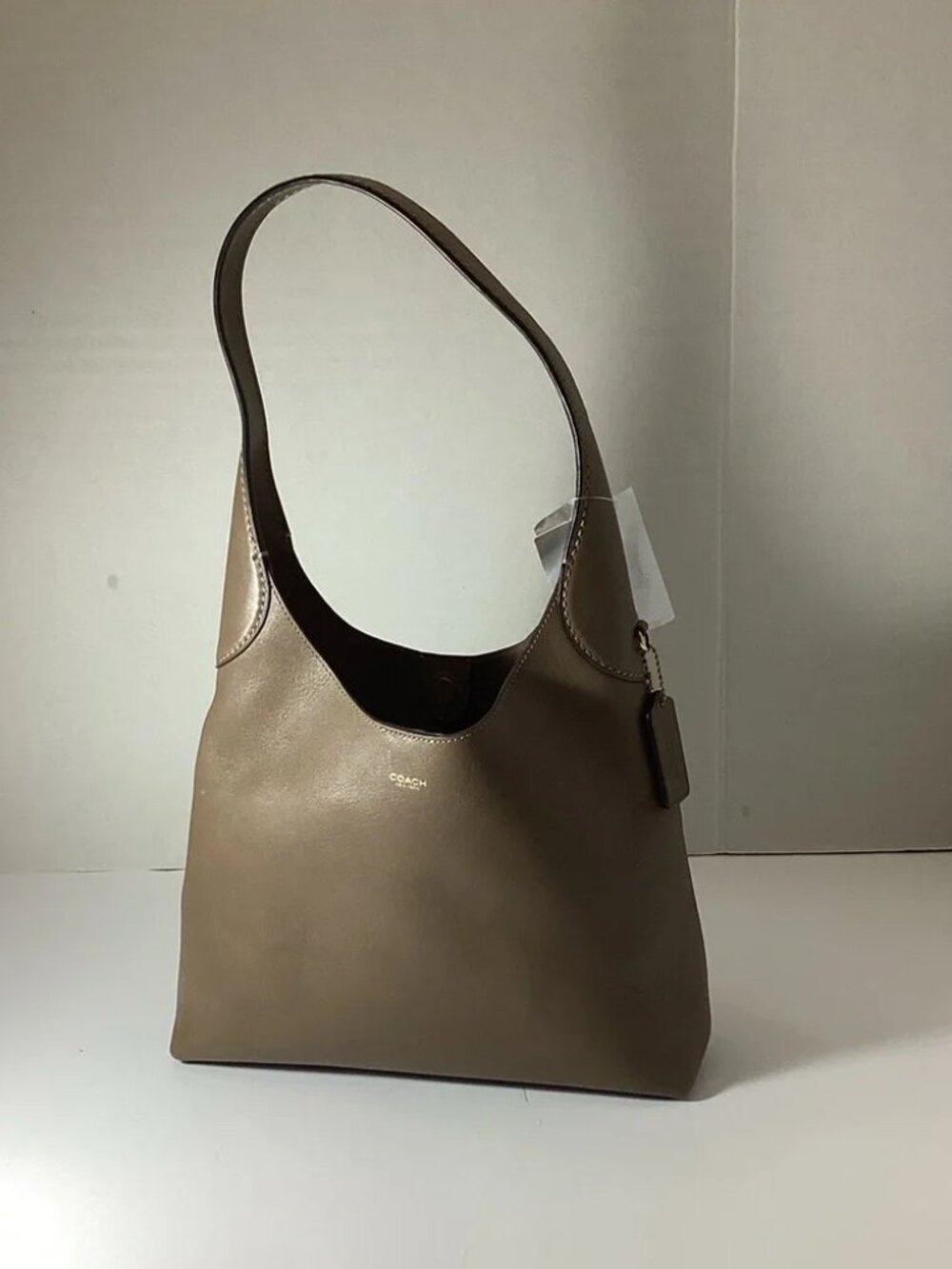 Coach Dark Taupe Smooth Leather Hobo Shoulder Bag Gold Letter Logo Large Everyda